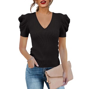 Clearlove Puff Short Sleeve Sweater for Women Tops 2025 Knit V Neck Shirt Blouses - 1 of 4