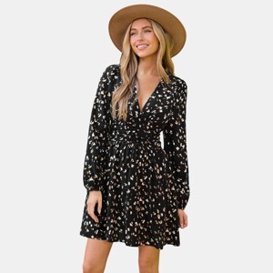 Women's Black Floral Print Mini Dress with Cinched Waist - Cupshe - 1 of 4