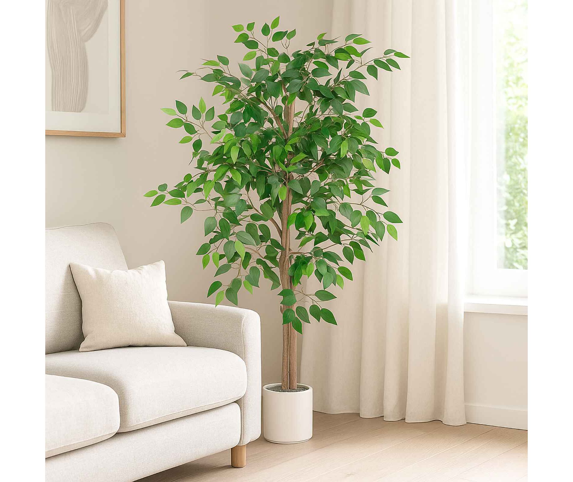 Romswi 5FT Artificial Ficus Tree with White Planter, Realistic Leaves, Natural Wood Trunk, Faux Greenry Plant, Indoor Home Office Decor