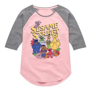 Girls' - Sesame Street - SS Group Flowers Shirt Tail Raglan Graphic T-shirt - 1 of 3