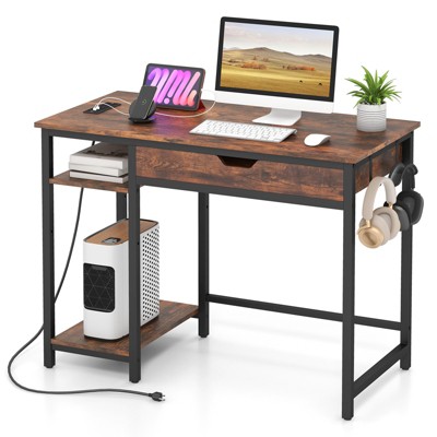 Costway Computer Desk with Power Outlets Home Office Desk with Drawer, Adjustable Shelf Headphone Hooks