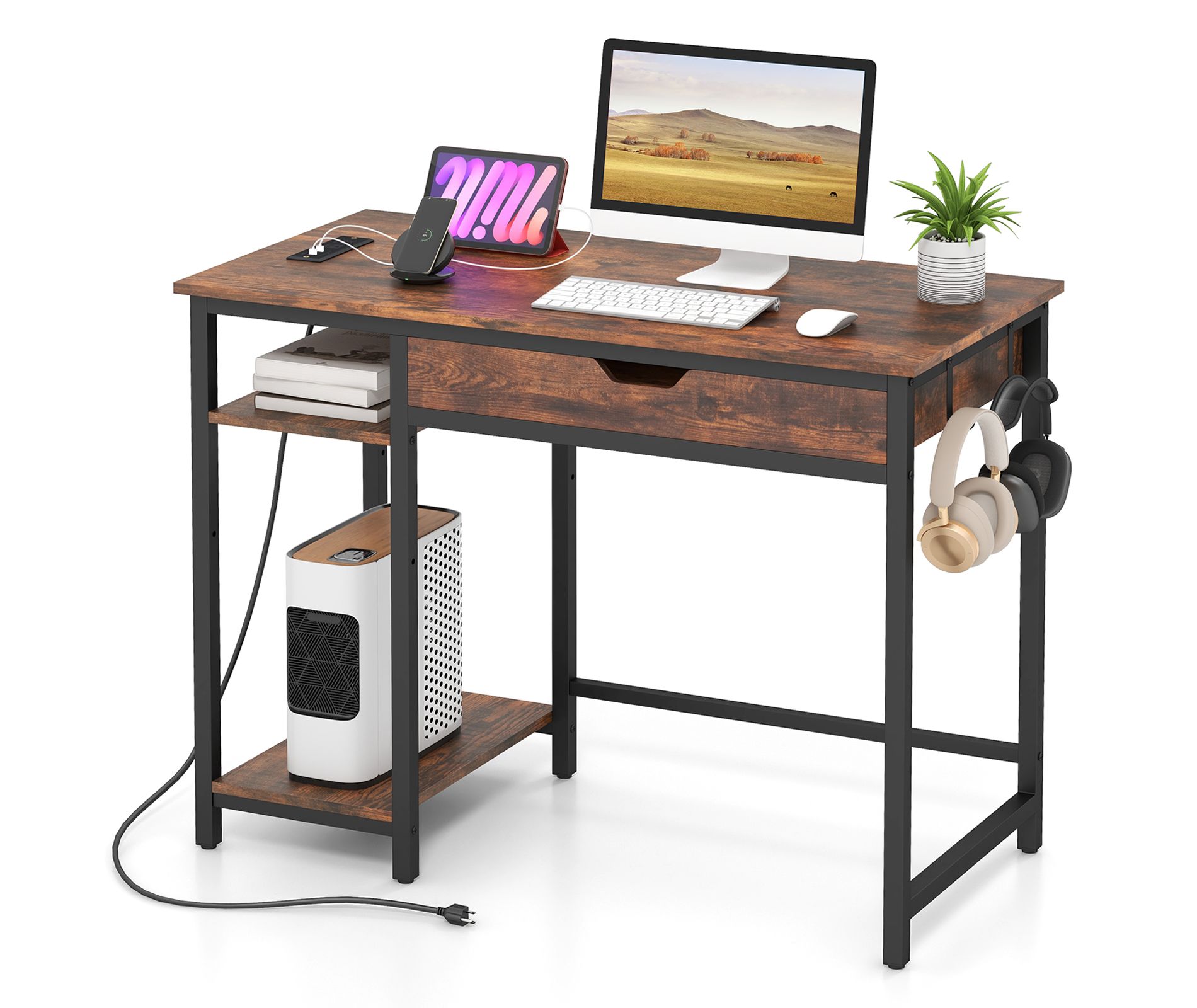 Costway Computer Desk with Power Outlets Home Office Desk with Drawer, Adjustable Shelf Headphone Hooks