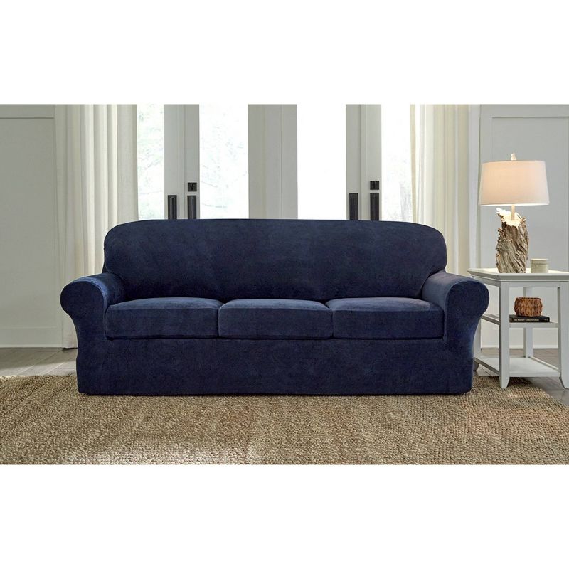 3pc Stretch Pique Sofa Slipcovers Navy - Sure Fit, 3 of 5