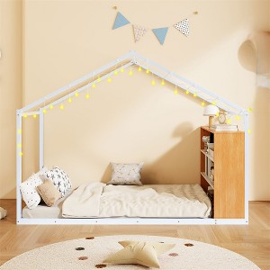 House Bed, Full Size Toddler Floor Bed With Warm LED Lights, Side Shelves, Metal Slats, House Floor Bed For Kids, No Box Spring Needed - 1 of 4
