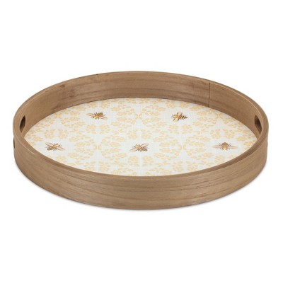 HomeRoots Set of Two Yellow Round Solid Wood Serving Tray With Handles
