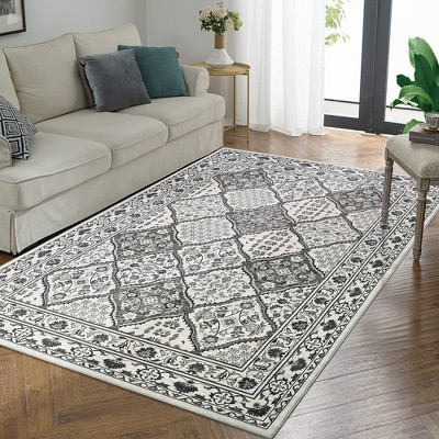 Vintage Tiled Area Rug Washable Persian Floral Rug Non-Slip Low Pile Rug, 5'x7' Gray