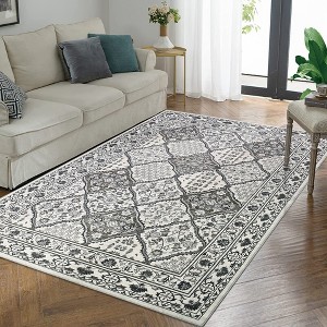 Vintage Tiled Area Rug Washable Persian Floral Rug Non-Slip Low Pile Rug, 5'x7' Gray - 1 of 4