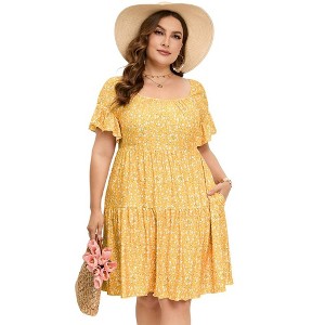 LXT- Women's Plus Size Square Neck Ruffle Sleeve Flowy Floral Summer Midi Dress with Pockets - 1 of 4