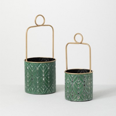 Sullivans Round Metal Container with Handle Set of 2, 15.25"H & 12.25"H Green