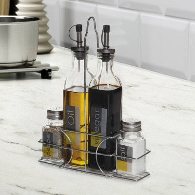 Clear Glass and Stainless Steel 4-Piece Condiment Set with Wire Caddy