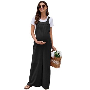 WhizMax Women Maternity Summer Casual Loose Jumpsuit Sleeveless Tie Loose Jumpsuit with Pockets Workwear - 1 of 4