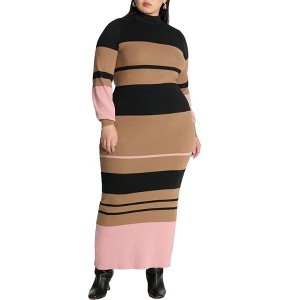 ELOQUII Women's Plus Size Striped Mock Neck Sweater Dress - 1 of 3