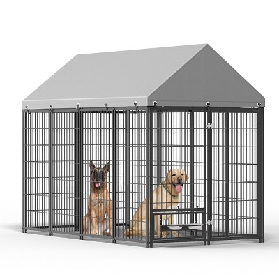 Large Outdoor Dog Kennel with Roof Cover,50'' Metal Pet Enclosure Fence with Double Lock Door and Feeders for Dogs - LAOTIES