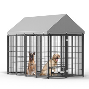 Large Outdoor Dog Kennel with Roof Cover,50'' Metal Pet Enclosure Fence with Double Lock Door and Feeders for Dogs - LAOTIES - 1 of 4