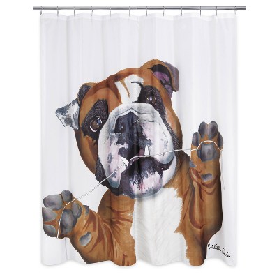 Floss Dog Shower Curtain White Brown, English Bulldog Shower Curtain