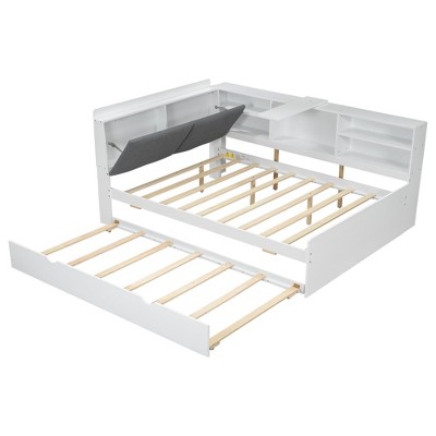 YNXARIA White Full - Sized Wooden Bed Frame: Storage Headboard, Shelf and Smooth - rolling Rollers Included