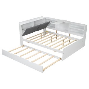 YNXARIA White Full - Sized Wooden Bed Frame: Storage Headboard, Shelf and Smooth - rolling Rollers Included - 1 of 4