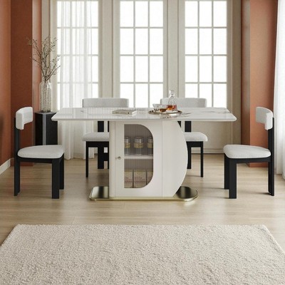 63" 5-Piece Dining Table Set with Storage Cabinets, Charred Stone Top & Gold Base, Includes 4 Velvet Upholstered Chairs for Kitchen or Apartment