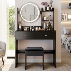 FONTOI 31.5"W Makeup Vanity Table with 17" Round Mirror Cushioned Stool and High Capacity Storage for Bedroom Dressing Room, Black/White - 1 of 4