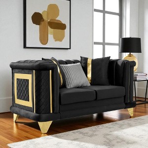 69" Velvet Loveseat with Gold Stainless Steel Trims, Embroidered Texture & 3 Exquisite Pillows, Mid-Century Modern Victorian Tufted Sofa for Home - 1 of 4