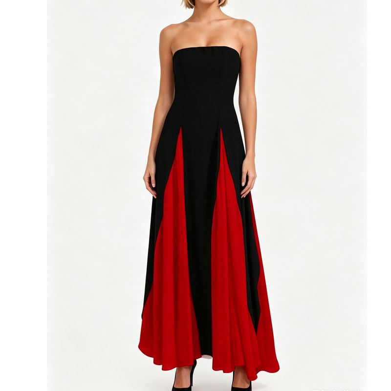 Women's Strapless Color Block Maxi Gown Tube Top Contrast Panel Formal Wedding Guest Evening Party Dress,red,L