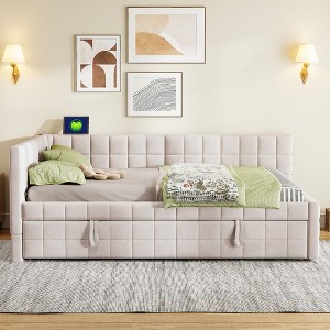 Full Size Upholstered L-Shaped Daybed with Twin Pop-Up Trundle and USB Ports, Square-Block Velvet Sofa Bed Frame, Beige/Gray - ModernLuxe - 1 of 4