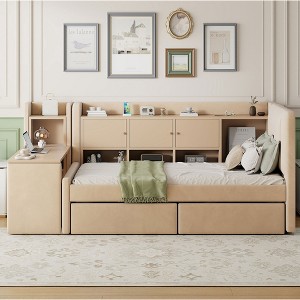 Twin Size Upholstered Daybed with Drawers, Shelves, Flip Cabinets & Side Table, Beige/Gray-ModernLuxe - 1 of 4