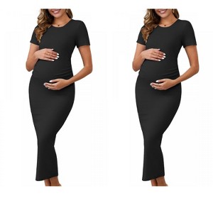 INSPIRE CHIC Women's 2 Pack Maternity Dress Bodycon Midi Side Ruched Ribbed Knit Short Sleeve Pregnancy Casual Dresses Medium 2 Packs Black : Target