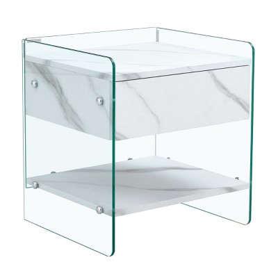 GlasFlength Coffee Tables Modern Bedside Table Drawer Storage Clear Glass Design For Bedroom Living Room Decor, White, 17.7"*15.5"*19"