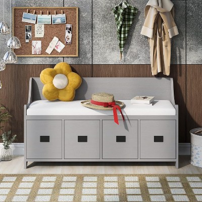 Gray Wash Wood Gray Wash Rectangular Movable Cushion Storage Bench with Drawers and Backrest Shoe Bench Bench with Removable Cushion for Entryway