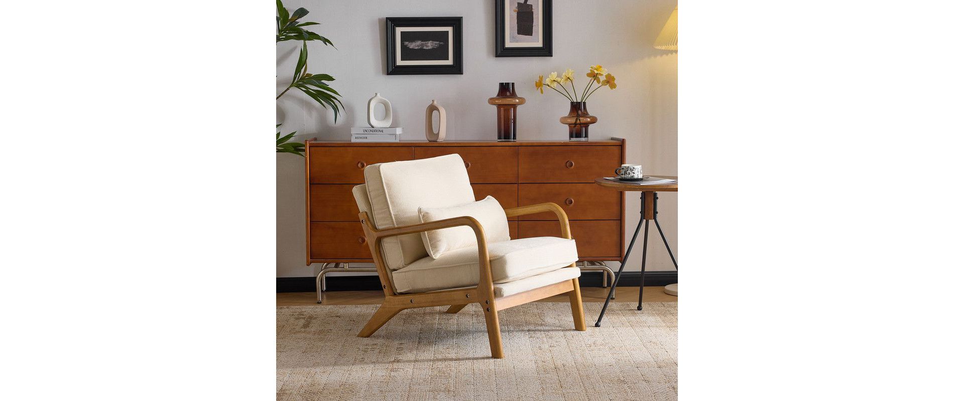 Karl Home Mid Century Solid Wood Accent Chair Chenille Armchair