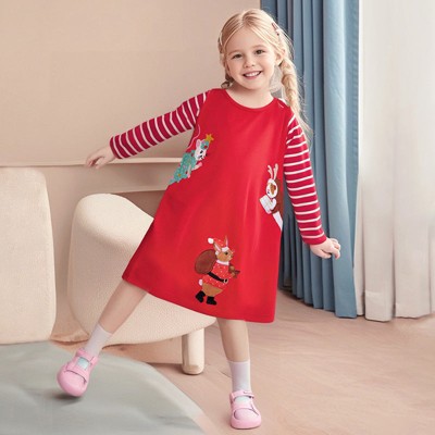 MyKids-Usa Autumn and Spring Christmas Cartoon and Striped Pattern Long Sleeves Dress
