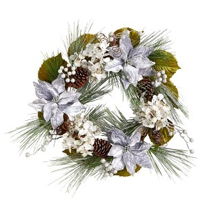 Nearly Natural 24” Silver Poinsettia, Hydrangea and Pinecones Artificial Christmas Wreath - 1 of 4