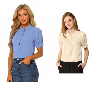 Allegra K Women's Work Office Half Placket Ruffled Puff Sleeve Blouse 2 Packs - 1 of 4