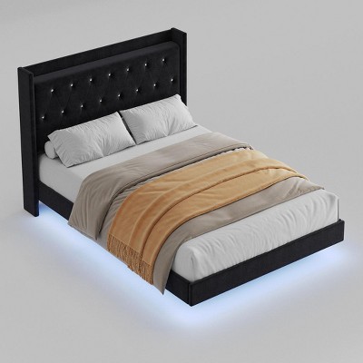 Floating Bed Frame with LED Lights, Upholstered Headboard, Storage Shelves, Heavy Duty Metal Slats, No Box Spring Needed, Noise Free, Easy Assembly