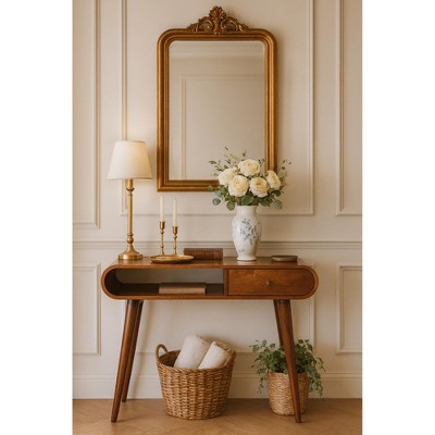 Solid Wood Nordic Leg Oval Console Table with 1 Drawer, 1 Open Storage and Versatile Design