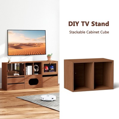 Skyzoo DIY TV Stand for TVs 35-80 inches, Multi-functional Storage Cabinet Cube for Living Room,Mid-Century Modern,Walnut