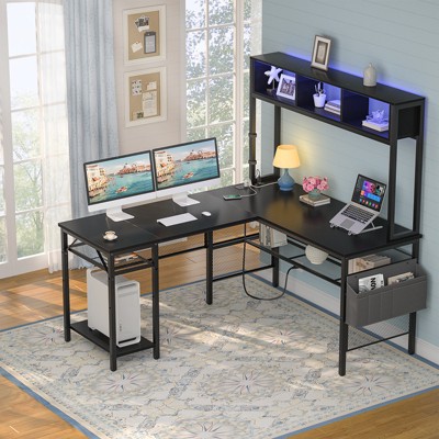 Aheaplus Reversible L-shaped Computer Desk with Storage Shelves and LED Strip and Power Outlets