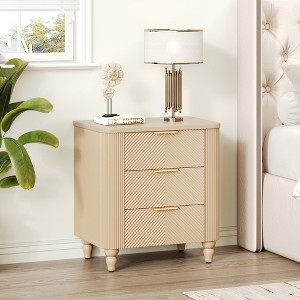 JANSNO Mid-Century Nightstand with 3 Fluted Drawers, Curved Profile & Gold Handles - 1 of 4