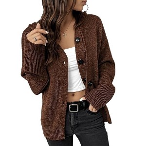 Women's Hooded Single-Breasted Sweater Loose Fit Casual Cardigan Knit Outerwear - 1 of 4