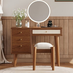 Rattan Vanity Set with Stool, 4 Drawers, USB & Outlets, Metal Handles, Wooden Makeup Desk for Bedroom - 1 of 4