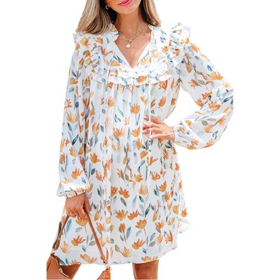 Amaryllis Women’s White Floral Ruffle Detail Long Sleeve V-Neck Mini Dress with Tiered Skirt