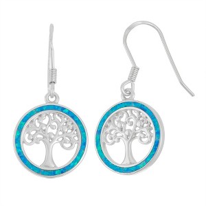 Opalata Sterling Silver Round Blue Inlay Opal with Center Tree of Life Earrings - Blue - 1 of 2
