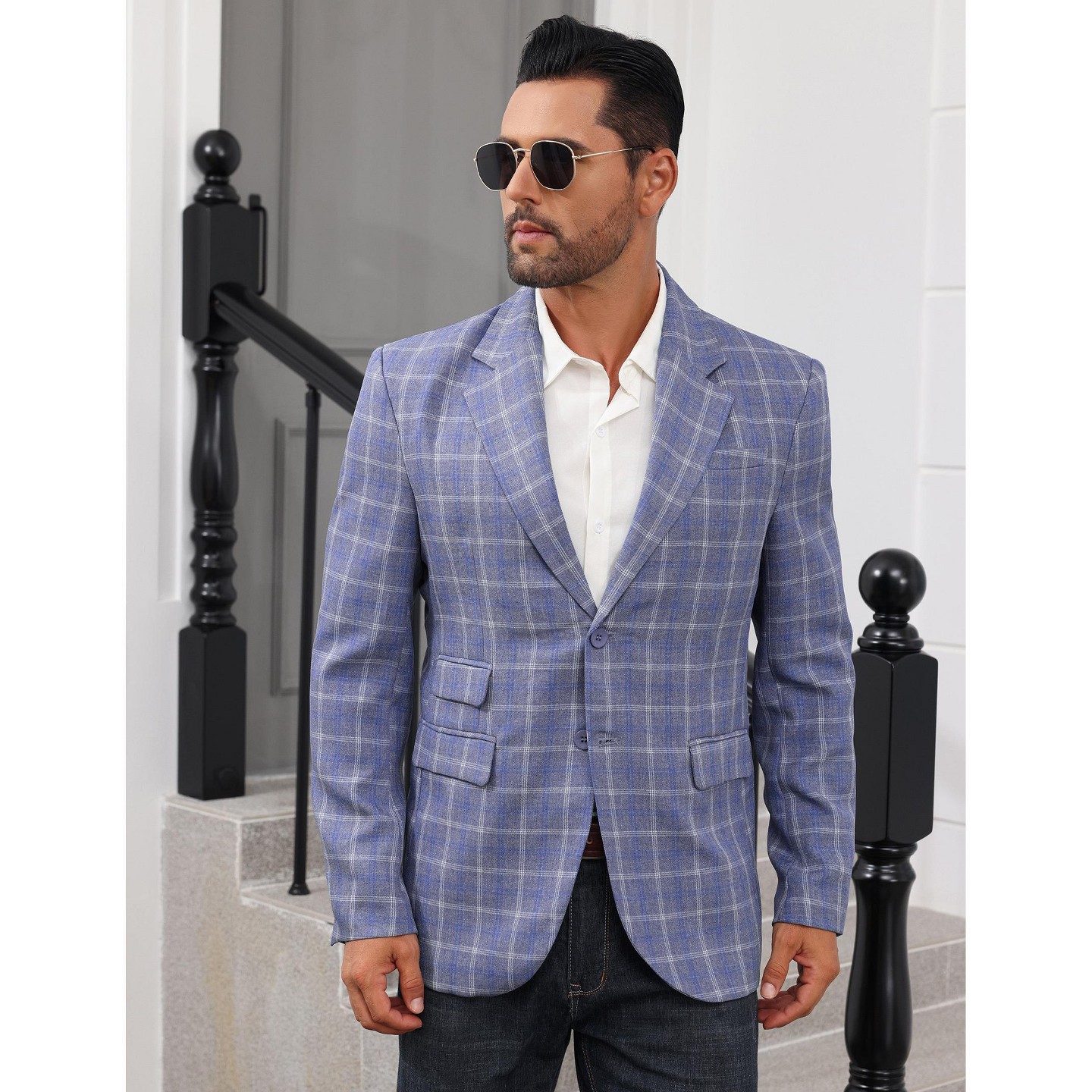 Мужская куртка YesFashion Button Down Blazer Casual Business Long Sleeve Lightweight Coat Jacket with Pockets Blue, цвет: Синий — фото 3