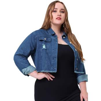 Agnes Orinda Women's Plus Size Stand Collar Zip-up Drawstring Denim Jacket