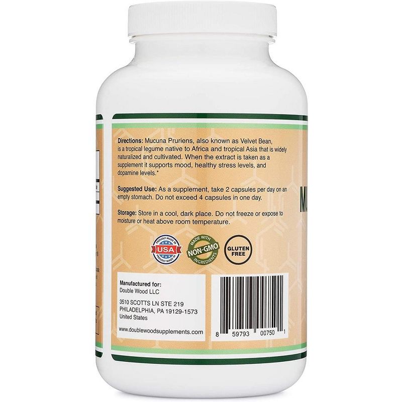 Mucuna Pruriens Extract - 210 x 500 mg capsules by Double Wood Supplements - 20% L-DOPA, Mood and Motivation Support, 3 of 4