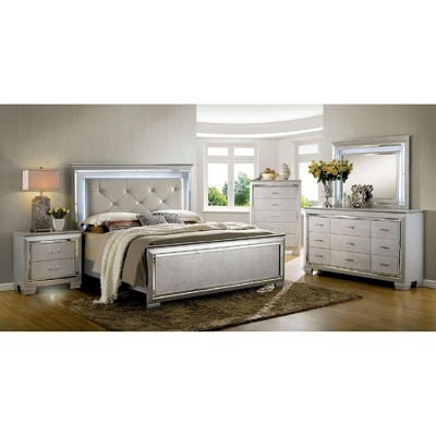 Vynxaria Contemporary Silver Nightstand: LED Light & Dovetail Drawers for Modern Elegance