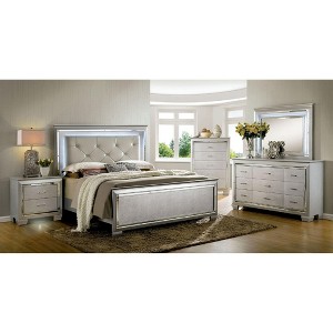 Vynxaria Contemporary Silver Nightstand: LED Light & Dovetail Drawers for Modern Elegance - 1 of 4