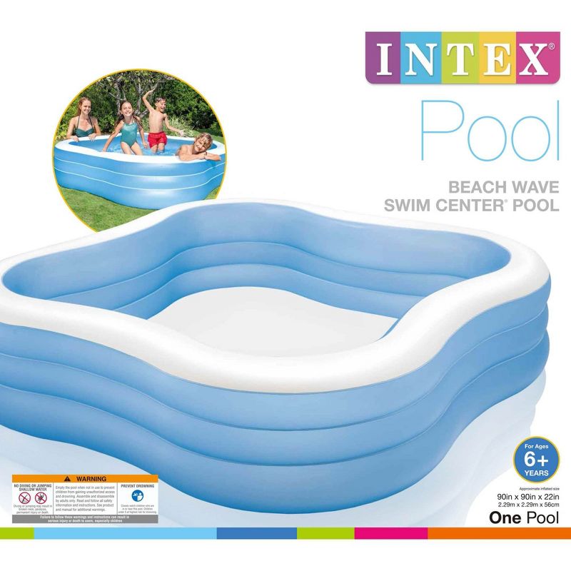 Intex 7.5' x 22" Beach Wave Swim Center Square Outdoor Backyard Inflatable Family Swimming Lounge Pool for Kids and Adults, Blue, 3 of 7