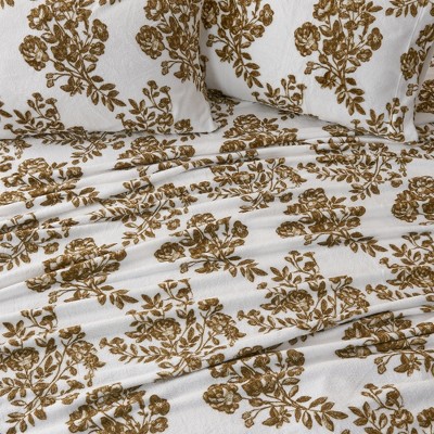 Full Olive Toile Print Velvet Plush Microfiber Sheet Set